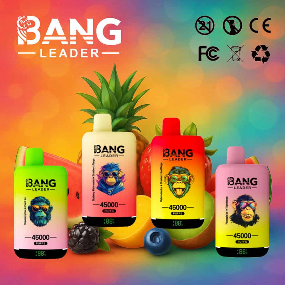 Kleurrijke advertentie voor Bang Leader 45000 wegwerp-vapes met fruitsmaken, met vier vape-apparaten met cartoon-apen met zonnebrillen, tegen een achtergrond van diverse soorten fruit en een pastelkleurige achtergrond met kleurverloop.