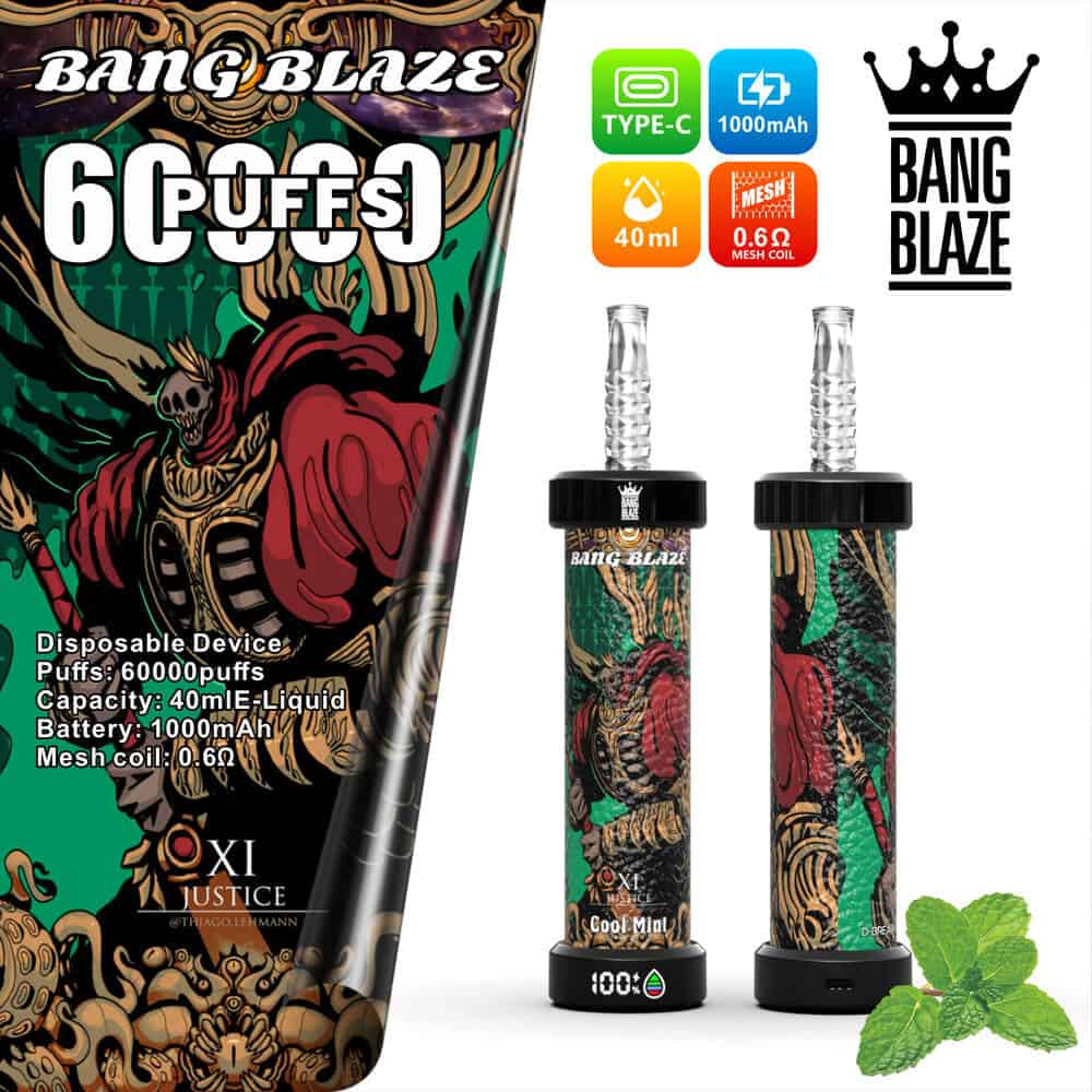 Bang Blaze 60000 wegwerp-vape-apparaat met het ontwerp van een fantasieskeletkrijger, productspecificaties en muntblaadjes die duiden op een koele mintsmaak.