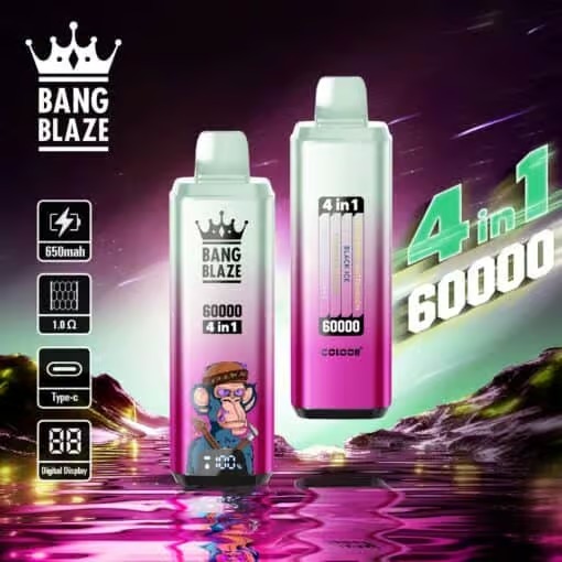 Due dispositivi per svapo usa e getta Bang Blaze 4 in 1 con sfumature colorate e display digitale, ambientati in un paesaggio futuristico al neon con montagne e acqua, insieme a icone che evidenziano la batteria da 650 mAh, 1,0 Ω, ricarica di tipo C e capacità di 60.000 tiri.