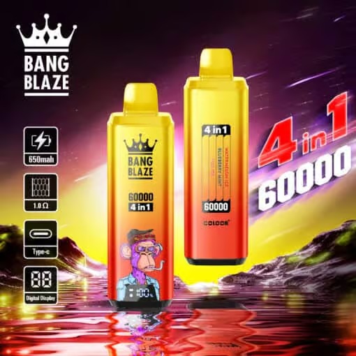 Due Vibrant Bang Blaze 4-in-1 60000 Puff Vape usa e getta con display digitale, uno raffigurante una scimmia dei cartoni animati, raffigurata su uno sfondo di un paesaggio astratto colorato con caratteristiche del prodotto come la batteria da 650 mAh e la ricarica di tipo C visualizzate.