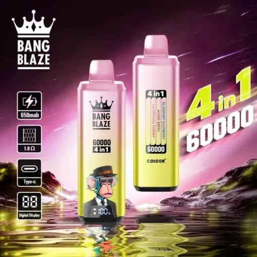 Due dispositivi monouso Bang Blaze 4 in 1 con 60.000 tiri sono esposti su uno sfondo paesaggistico vibrante e futuristico, con specifiche del prodotto come batteria da 650 mAh, resistenza da 1,0 Ohm, ricarica di tipo C e display digitale.