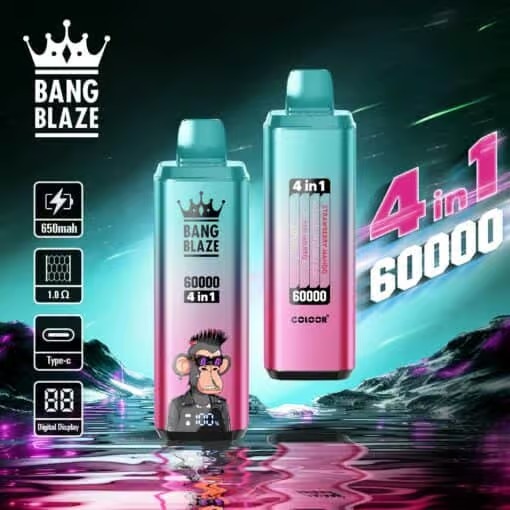 Due coloratissime sigarette elettroniche usa e getta Bang Blaze 4 in 1 esposte con uno schermo digitale e una grafica di una scimmia in stile cartone animato, sullo sfondo di un paesaggio futuristico illuminato al neon. Le specifiche del prodotto includono una batteria da 650 mAh, una bobina da 1,0 Ω, una ricarica di tipo C, un display digitale e l'evidenziazione di 60.000 tiri.