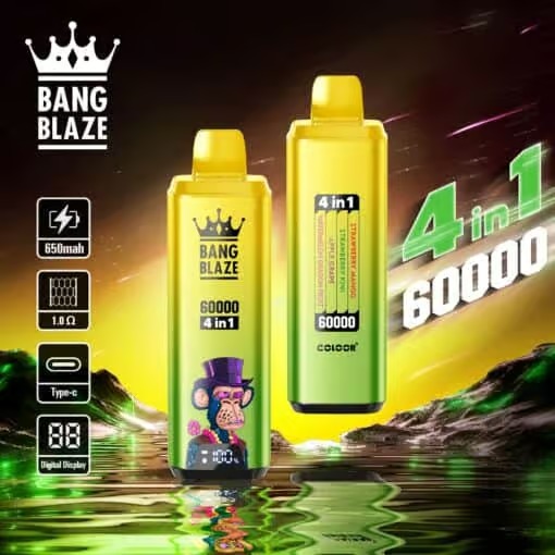 Due dispositivi Bang Blaze 4 in 1 per lo svapo con uno sfondo color neon, che ne evidenziano le caratteristiche quali batteria da 650 mAh, display digitale, ricarica di tipo C e 60.000 tiri, con un dispositivo raffigurante una scimmia con un cappello viola.