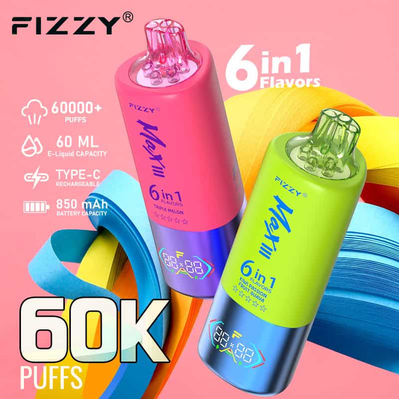 Twee kleurrijke Fizzy Max III 60000 6-in-1 wegwerp-vape-apparaten met een LED-scherm, met functies zoals 60.000+ trekjes, 60 ml e-liquid-capaciteit, oplaadbaar Type-C en een 850 mAh-batterij, tegen een roze achtergrond met abstracte papieren linten.