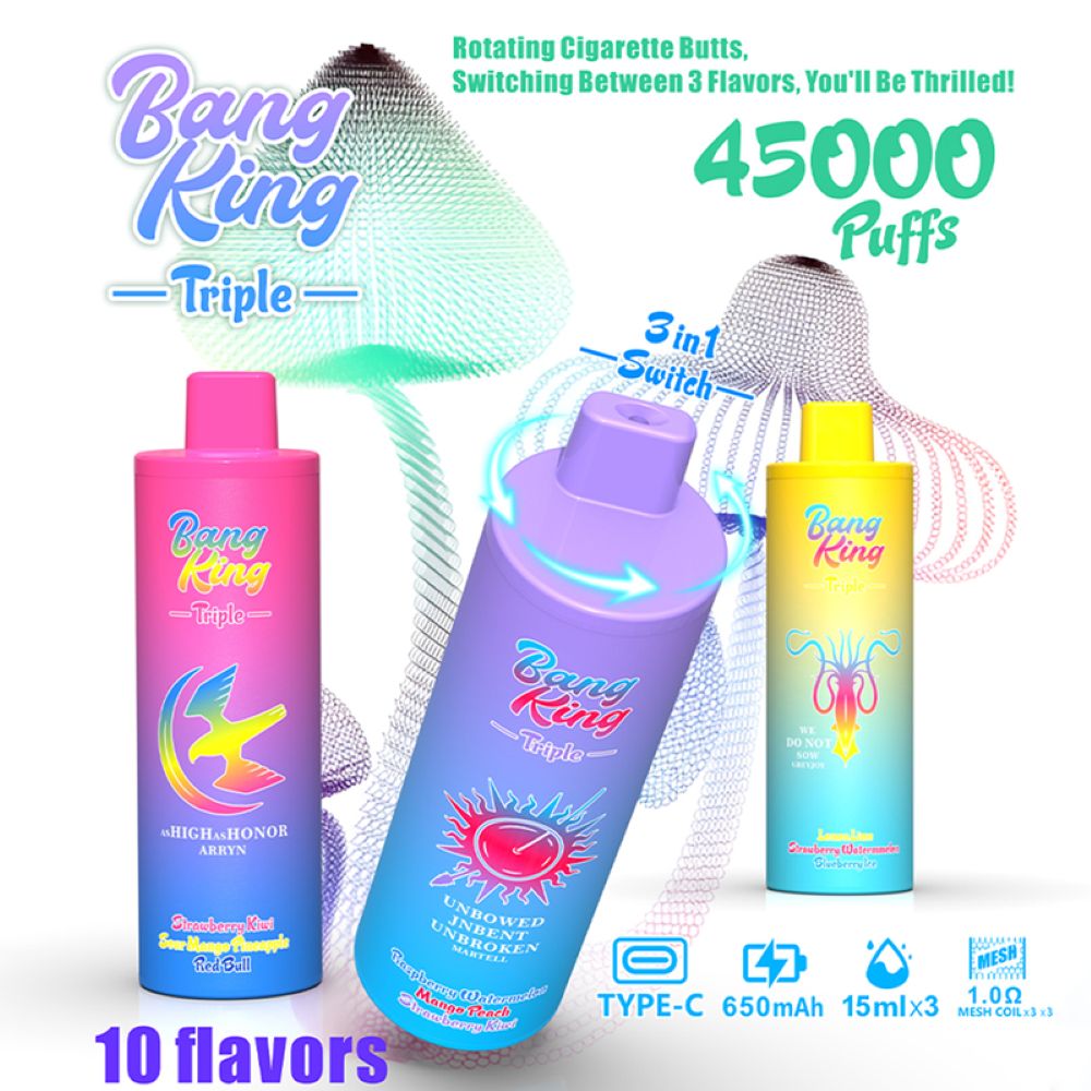 Kleurrijke advertentie voor Bang King Triple wegwerp-vapes, met aandacht voor 45.000 trekjes, 3-in-1-schakelaar voor smaakrotatie, type-C-opladen, 650 mAh-batterij en 10 smaakopties met levendige verpakkingsontwerpen.