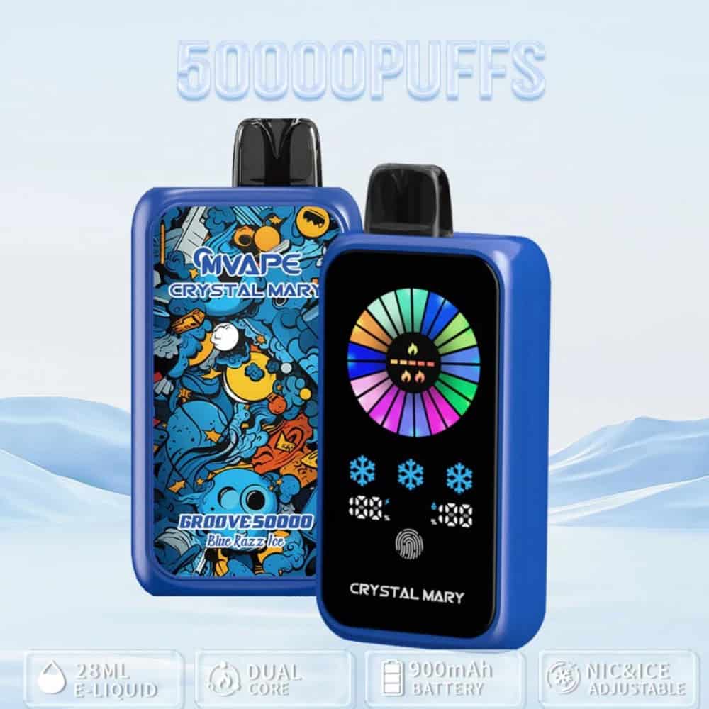 Twee blauwe MVAPE Crystal Mary Groove 50000 wegwerp-vape-apparaten, waarvan één met een kleurrijk digitaal scherm, waarop de productkenmerken en het merk zichtbaar zijn.