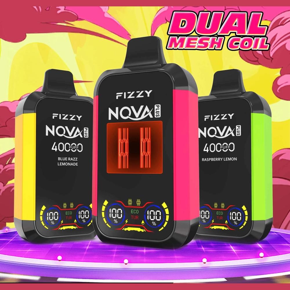 Three colorful Fizzy NOVA Plus vape devices with digital displays, labeled with flavors Blue Razz Lemonade and Raspberry Lemon, set against a vibrant yellow and pink background with the text 'DUAL MESH COIL.'