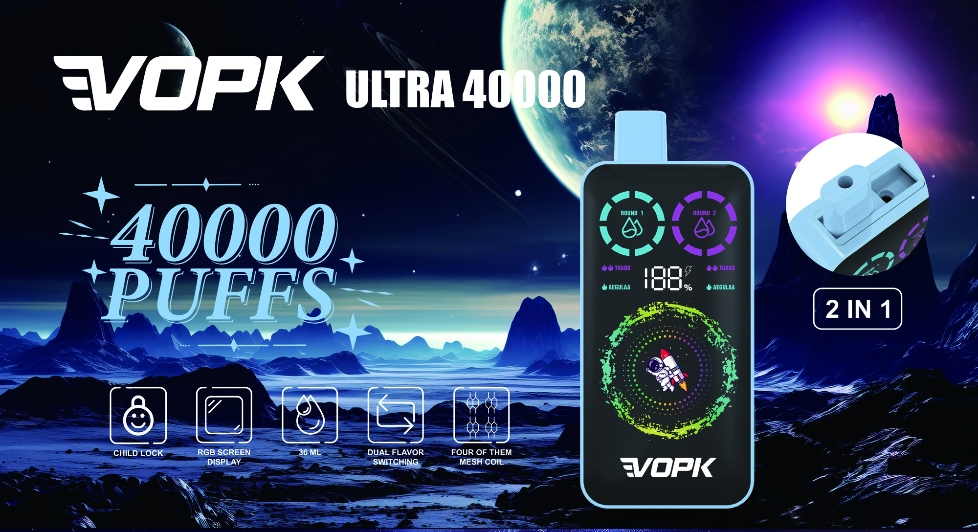 Advertisement For Vopk Ultra 40000 Disposable Vape, Featuring A Digital Display, Dual Flavor Switching, Child Lock, Mesh Coils, And 40000 Puffs Capacity, Set Against A Futuristic Outer Space Landscape.