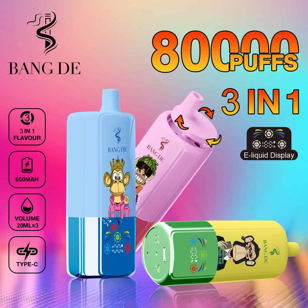 Kleurrijke reclame voor Bang De 80000 3-in-1 wegwerp-vape met 80.000 trekjes, e-liquiddisplay, 650 mAh-batterij, 20 ml x 3 volume en tekenfilmaapjes op het apparaat.