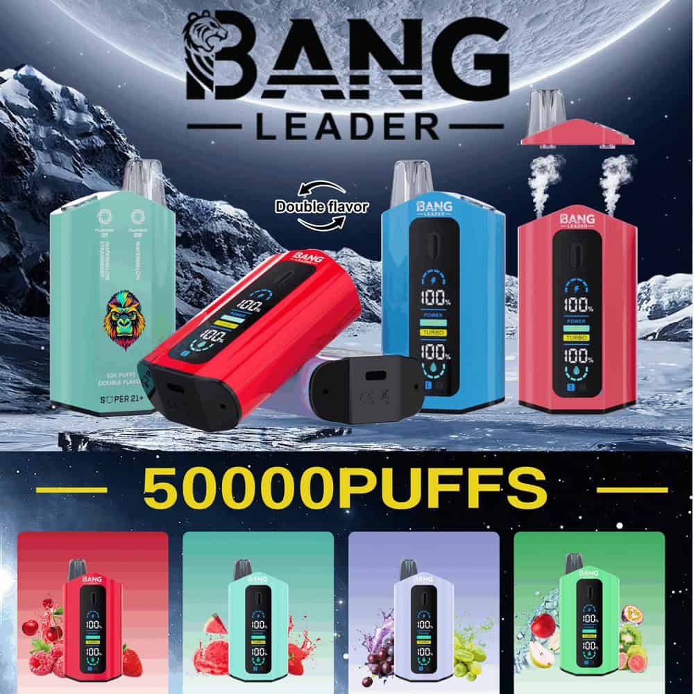 Advertentie voor BANG LEADER 50000 vape-apparaten met meerdere kleurrijke e-sigaretten met digitale displays, gelabeld als dubbele smaak en beloven tot 50.000 trekjes, tegen een achtergrond van besneeuwd en ijzig landschap.
