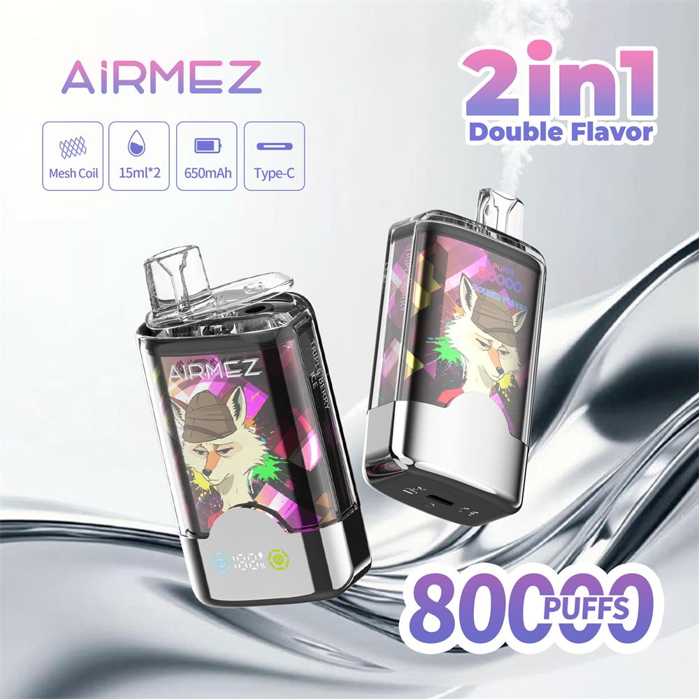 Werbebild für Airmez 2-in-1-Doppelgeschmack Vape-Gerät, das 80.000 Puffs hervorhebt und verschiedene Geschmackskombinationen mit farbenfrohen, stilisierten tierischen Illustrationen auf jedem Vape zeigt.