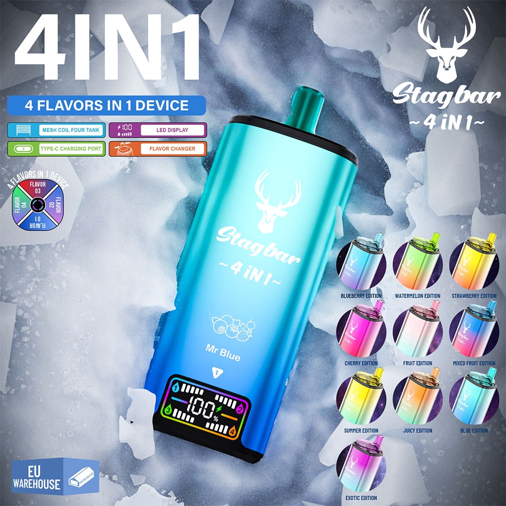 Promotional image for Stagbar 4IN1, showcasing a colorful disposable vape device with LED display and USB-C charging, surrounded by illustrations of various flavor editions including blueberry, watermelon, strawberry, cherry, fruit, mixed fruit, summer, juicy, blue, and exotic.
