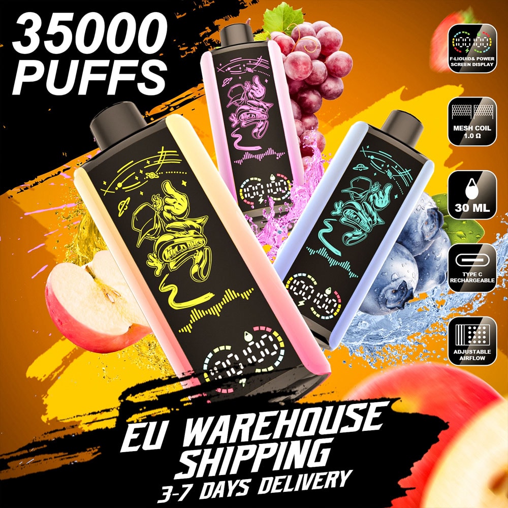 Promotional image featuring three colorful disposable vape devices with fruit flavors such as apple, grape, and blueberry, highlighting features like 35,000 puffs, e-liquid power screen display, mesh coil, 30ml capacity, type-C rechargeability, adjustable airflow, and EU warehouse shipping with 3-7 days delivery.