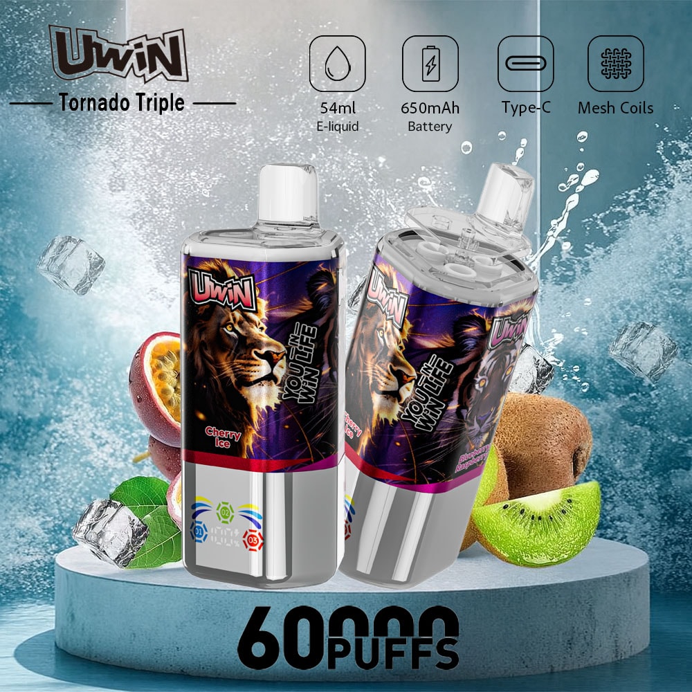 Two UWIN Tornado Triple disposable vape devices with a lion graphic and Cherry Ice flavor, displayed with ice cubes, passion fruit, and kiwi, highlighting features like 54ml e-liquid, 650mAh battery, Type-C charging, mesh coils, and 60,000 puffs capacity.