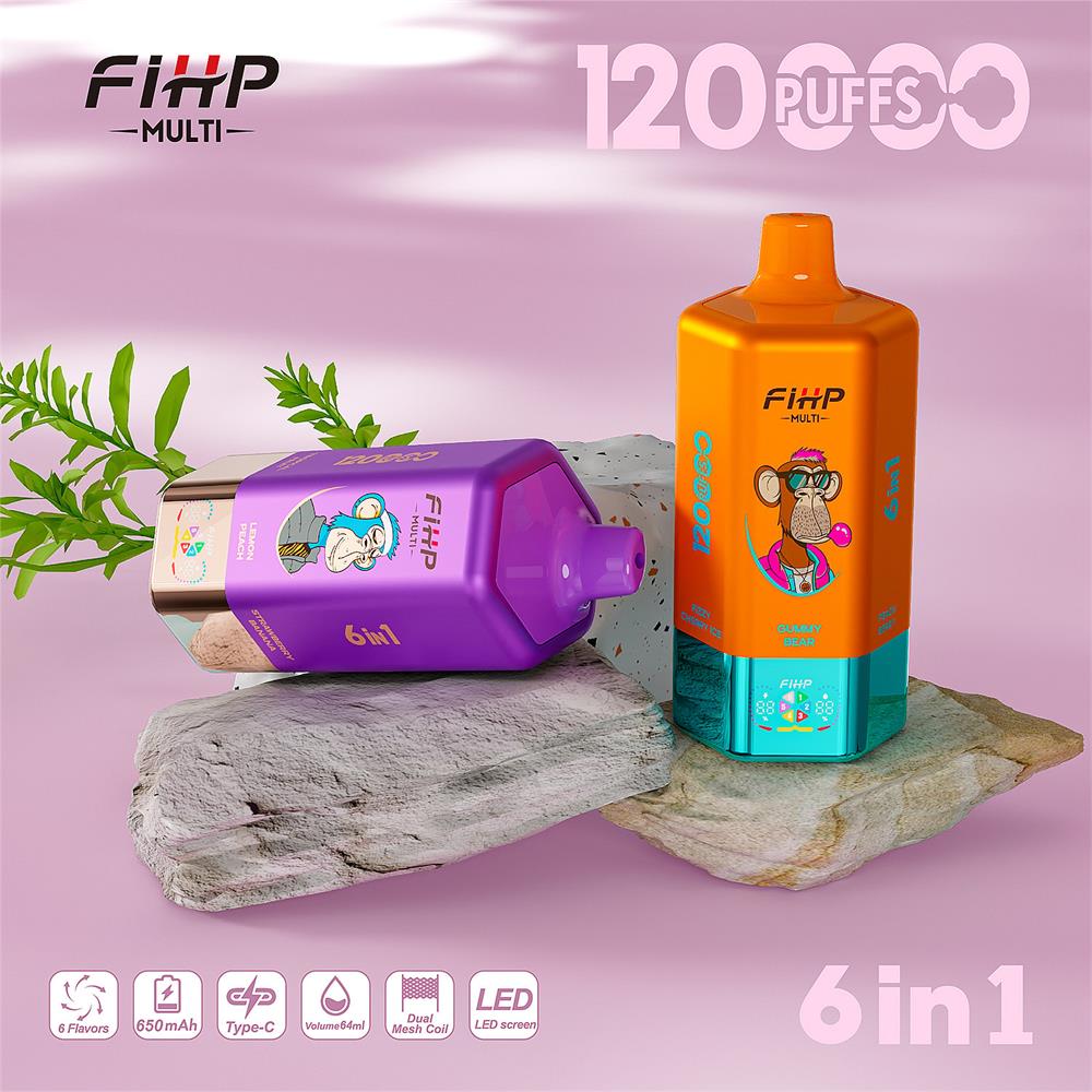Productspecificaties Afbeelding voor het Fihp-120000 vape-apparaat, met kenmerken zoals 120.000 trekjes, 650 mAh batterij, 64 ml e-vloeistofcapaciteit, Type-C opladen, 2%/5% nicotineopties, meerdere smaken, afmetingen van 110 mm bij 50 mm en een geel apparaat met cartoonafbeeldingen.