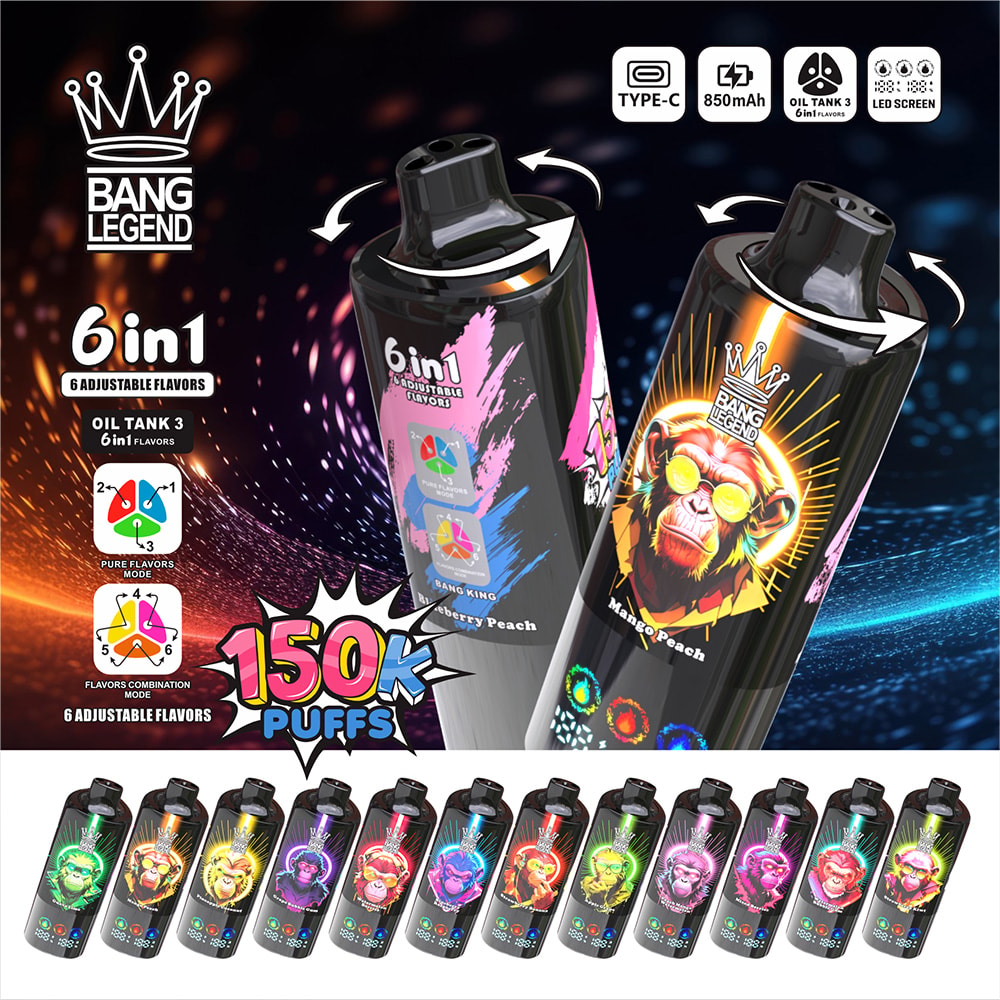 Promotional image for Bang Legend disposable vape devices, featuring two large vape devices with colorful designs and icons for flavor options, specifications like 850mAh Type-C charging, 6 adjustable flavors, and 150,000 puffs, with a lineup of vape devices in various bright colors and illustrated monkey graphics along the bottom.
