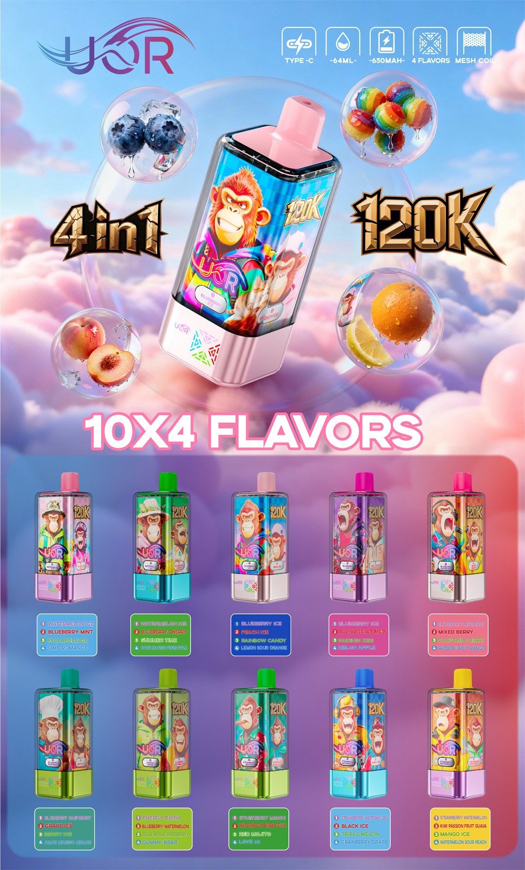 Promotional Poster For Uor Vaping Devices Featuring A Colorful Monkey Illustration, Surrounded By Flavor Icons Including Blueberries, Candy, Peach, And Citrus; Highlights Include '4 In 1', '120K', And '10X4 Flavors' With Ten Different Device Designs And Lists Of Multiple Fruit And Candy Mix Flavors Below Each Model.