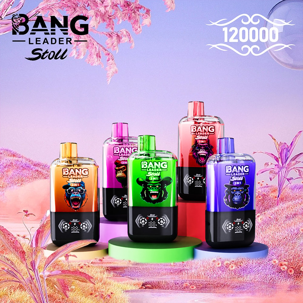 Five colorful Bang Leader vape devices with illustrated animal faces are displayed on round platforms in a pastel fantasy landscape, with brand logos and '120000' written above.