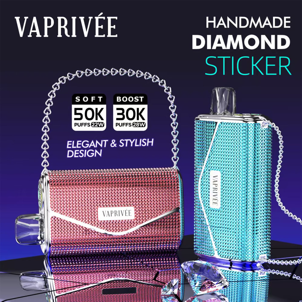 Promotional image for Vaprivée featuring two electronic devices decorated with rhinestones, one pink shaped like a purse and one blue, both with chains, highlighting their handmade diamond sticker design, puff quantities, and elegant style.