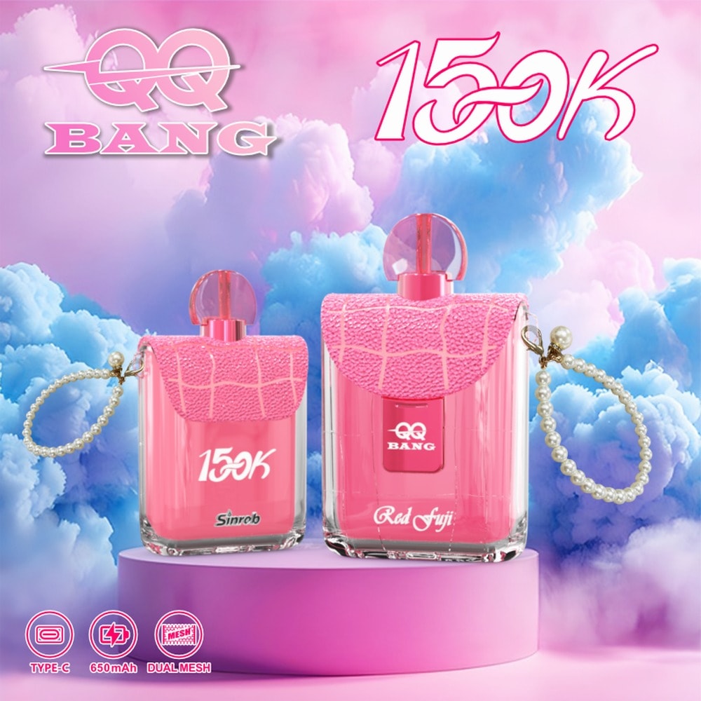 La vape jetable QQ Bang Perfume 150K au design élégant inspiré d’un parfum, avec 150 000 bouffées, vue de face montrant une chambre à saveur unique et un port Type-C