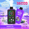 デジタル コントロールと「グレープ アイス」フレーバーのラベルが付いた、パープル バン使い捨て Vape デバイスの広告。漫画の海賊、ブドウ、アイス キューブが描かれており、製品仕様には 36,000 パフ、36 ml 容量、850 mAh バッテリー、USB-C 充電が含まれます。