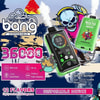 Bang 36000 Power と呼ばれる使い捨て Vape デバイスのカラフルな広告。ヘッドフォンをつけた漫画のスケルトン、デジタル スマート スクリーンを備えた Vape デバイスの画像、製品仕様、および 12 種類のフルーツ フレーバーに関する言及が掲載されています。