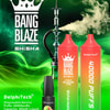 Publicité pour le dispositif de vapotage jetable de type recharge de cycle de chicha Bang Blaze 40000 au goût de pastèque, comprenant deux grands stylos à vape dégradés rose et vert, un narguilé émettant de la vapeur en arrière-plan, une bouteille d'e-liquide à la pastèque et des détails techniques sur 40 000 bouffées, une batterie de 1 000 mAh, une capacité de 40 ml et une bobine en maille de 0,6 Ω sur un fond vert fumé.