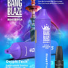 Publicité pour l'appareil Bang Blaze Shisha Vape comprenant un appareil jetable violet étiqueté « Fruits mélangés », une petite bouteille d'e-liquide et un narguilé, avec des détails sur le produit mettant en évidence 40 000 bouffées, une capacité de 40 ml, une batterie de 1 000 mAh et une bobine en maille.