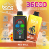 Advertisement For A Yellow Bang Disposable Vape Device Featuring Red Bull Flavor With Ice, Showing A Digital Screen, Fingerprint Sensor, Cartoon Monster On A Skateboard, And Highlighting Features Like Dual Mesh, Dual Oil Tank, 850Mah Battery, Type-C Charging, And 36,000 Puffs.