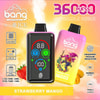 Colorful Advertisement For A Bang Strawberry Mango Disposable Vape Device With Adjustable Ice Settings, Dual Mesh, A Digital Display, Fingerprint Pressure Regulation, Dual Oil Tanks, And 36000 Puffs, Shown With Cartoon Graphics And Images Of Strawberry And Mango.