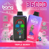 Colorful Advertisement For A Bang Disposable Vape Device, Featuring The Triple Berry Ice Flavor With Images Of The Device, Berries, And An Alien Graphic, Alongside Icons And Text Highlighting Features Like Dual Mesh, Fingerprint Pressure Regulation, And 36,000 Puffs.