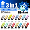 Promotieafbeelding voor Bang King Vapen 3-in-1 vape met 3 instelbare smaken, tot 8500 trekjes, 16 beschikbare smaakvarianten en afbeeldingen van kleurrijke vape-apparaten met tekenfilmfiguren die elke smaak vertegenwoordigen.