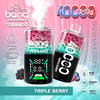 Pubblicità colorata del Bang Tornado Triple Berry usa e getta, con due vape con display digitale, icone per caratteristiche come 40.000 puff, tripla resistenza mesh, potenza regolabile, capacità di 40 ml, batteria da 850 mAh e ricarica Type-C, e illustrazioni di frutta su sfondo rosa e blu.