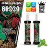 Dispositivo de vape desechable Bang Blaze 60000 con un diseño de guerrero esqueleto de fantasía, especificaciones de productos y hojas de menta que indican un sabor a menta fresco.