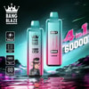 Due coloratissime sigarette elettroniche usa e getta Bang Blaze 4 in 1 esposte con uno schermo digitale e una grafica di una scimmia in stile cartone animato, sullo sfondo di un paesaggio futuristico illuminato al neon. Le specifiche del prodotto includono una batteria da 650 mAh, una bobina da 1,0 Ω, una ricarica di tipo C, un display digitale e l'evidenziazione di 60.000 tiri.