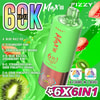 Publicidad del vaporizador desechable Fizzy Max Iii, que destaca 60 000 bocanadas, 6 sabores en un solo dispositivo y presenta un dispositivo de vaporizador verde y rosa con fresas, kiwis y opciones de sabores enumeradas.