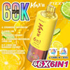 Publicidad del dispositivo de vapeo Fizzy Max III con 60.000 bocanadas, seis sabores en un solo dispositivo (fresa y sandía, limón y lima, arándano y coco, y mezclas), con un vaporizador grande de color amarillo y bronce sobre un fondo vibrante de salpicaduras de frutas y jugo.