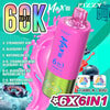 Imagen promocional de colores brillantes para el dispositivo de vapeo Fizzy Max III con cuerpo rosa y verde, que muestra "60.000 bocanadas" y "6 sabores en 1 dispositivo", y enumera sabores mezclables que incluyen fresa y kiwi, helado de arándano y helado de sandía.