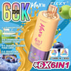 Publicidad del dispositivo de vapeo Fizzy Max III 6 en 1, con una imagen grande del producto, gráficos de frutas coloridos y texto que resalta 60 000 bocanadas y seis combinaciones de sabores que incluyen fresa y uva, arándano y coco, y melocotón y limón.