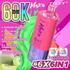 Imagen promocional del dispositivo de vapeo Fizzy Max Iii 6 en 1, que presenta un vape rosa y morado con gráficos con temática de frutas, resaltando seis combinaciones de sabores que incluyen arándano y frambuesa, triple melón y fresa helada, sobre un fondo rosa vibrante con salpicaduras dinámicas y texto que enfatiza 60 000 bocanadas.