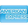 Logo van American Express met witte tekst op een blauwe achtergrond met kleurverloop.