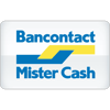 Logo van Bancontact Mister Cash met blauwe en gele geometrische lijnen met de merknaam in blauwe tekst op een witte achtergrond.