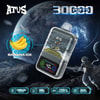 Immagine promozionale di un dispositivo Atus Banana Ice Vape con uno sfondo a tema spaziale, raffigurante un pianeta, un astronauta e caratteristiche salienti quali 30.000 tiri, batteria da 1000 mAh, e-liquid da 30 ml, porta di ricarica di tipo C e doppia bobina a rete.