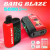 Bang Blaze 50000 Starry Vape デバイスのカラフルな広告。赤と黒のデザイン、星座パターン、ストロベリー スイカ味の漫画猿グラフィックを備えた 2 つのデバイスが特徴で、Type-C 充電、550Mah バッテリー、デュアル メッシュ、3 つのモード オプションなどの機能を示すアイコンが付いています。