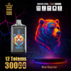 Färgglad neonillustration av ett björnhuvud bredvid en Bang King vape-enhet med matchande björndesign, med produktfunktioner som "Mesh Coil", "30000 Puffs" och smaken "Blue Razz Ice" markerade.
