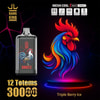 Reklambild för Bang King Vape med en färgglad tuppillustration i neonstil, en vape-enhet med matchande tuppdesign och text som markerar 30 000 bloss, mesh-coilteknik, typ-C-laddning, 650 mAh-batteri och smaken "Triple Berry Ice".