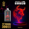 Reklam för Bang King Vape Peach Ice-smaken med en vape-enhet med en Red Bull-illustration, glödande neontjurhuvud och produktdetaljer som mesh-coil, 30 000 puffs, 650 mAh batteri och typ-C-laddning.