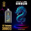 Reklambild för Bang King Vape med en glödande blå drake och en vape-enhet med matchande drakekonstverk, som framhäver funktioner som mesh-coil, 30 000 puffs, typ-C-laddning, 650 mAh kapacitet och dubbel äppelsmak.