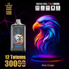 Reklambild för Bang King Vapen som visar en vape-enhet dekorerad med en örnillustration, bredvid ett livfullt, neonfärgat örnhuvud, med framhävning av '12 Totems', '30000 Puffs', smaken 'Aloe Grape' och enhetsfunktioner som Mesh Coil och 650Mah kapacitet.