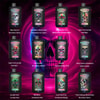 Collection de Twins Bangking Devices Vape avec des conceptions de crâne colorées sur chacun, placées sur un fond brillant du crâne rose, affichant divers noms de saveurs tels que la glace Blue Razz, la pastèque aux fraises, la glace de pastèque et autres.